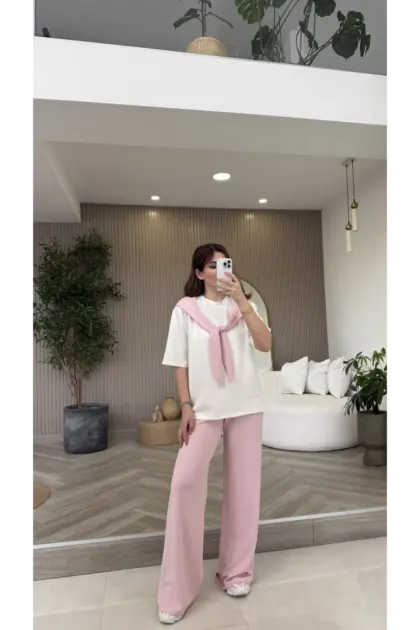Fular Detaylı Modal T-shirt Eşofman Takım - Pembe