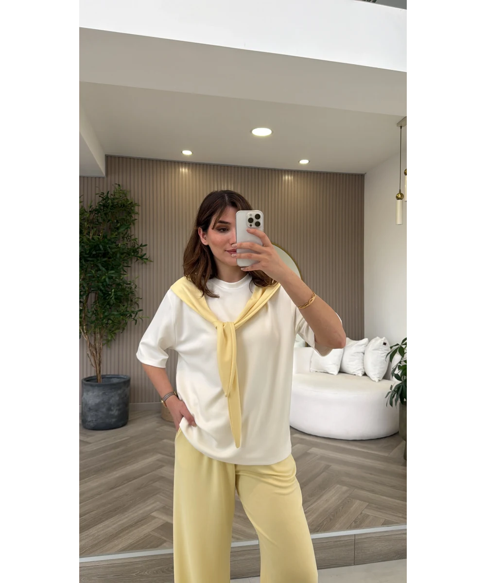 Fular Detaylı Modal T-shirt Eşofman Takım - Sarı - Görsel 4
