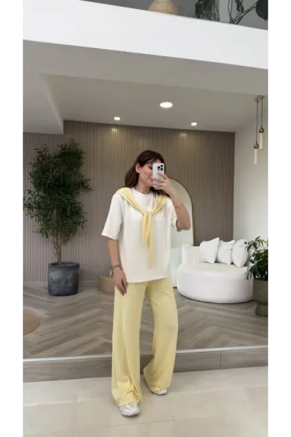 Fular Detaylı Modal T-shirt Eşofman Takım - Sarı
