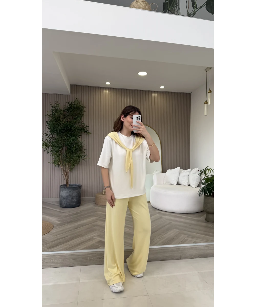 Fular Detaylı Modal T-shirt Eşofman Takım - Sarı
