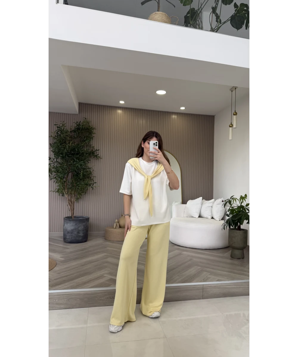 Fular Detaylı Modal T-shirt Eşofman Takım - Sarı - Görsel 2