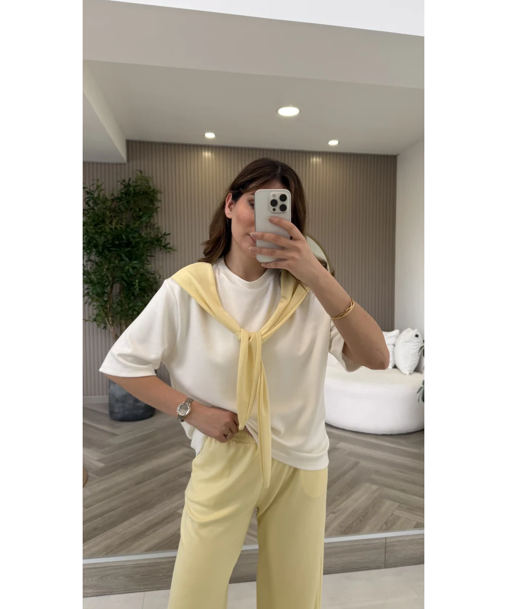 Fular Detaylı Modal T-shirt Eşofman Takım - Sarı - Görsel 3