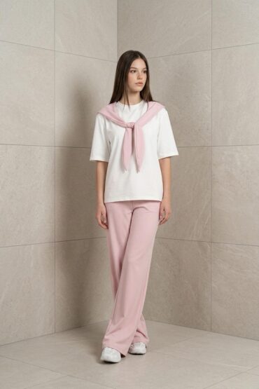 Fular Detaylı Modal T-shirt Eşofman Takım - Pembe