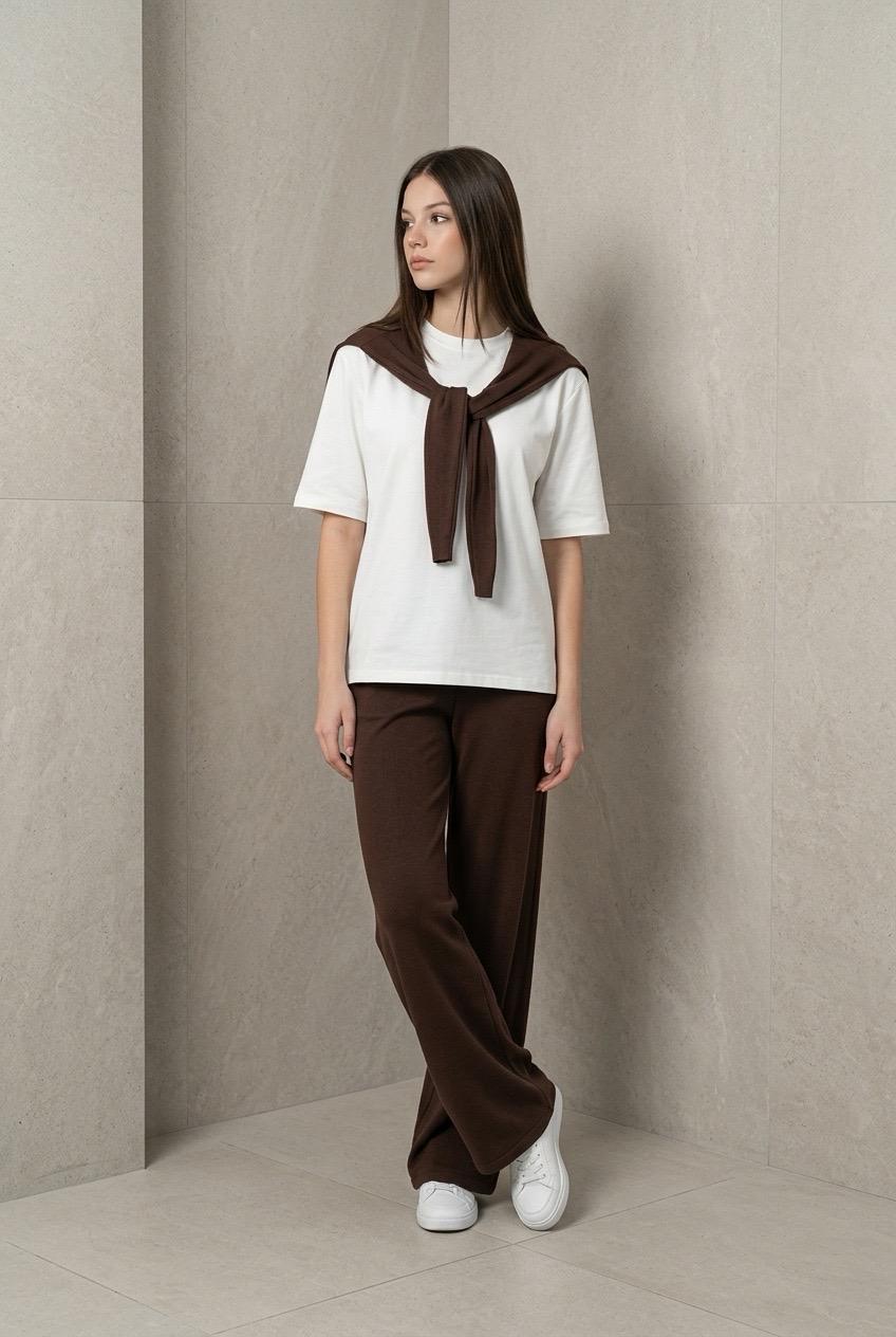 Fular Detaylı Modal T-shirt Eşofman Takım - Kahverengi