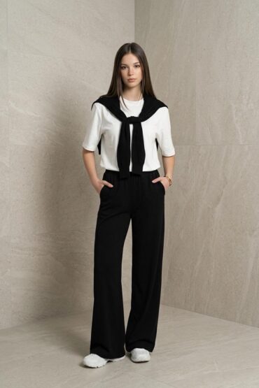 Fular Detaylı Modal T-shirt Eşofman Takım - Siyah