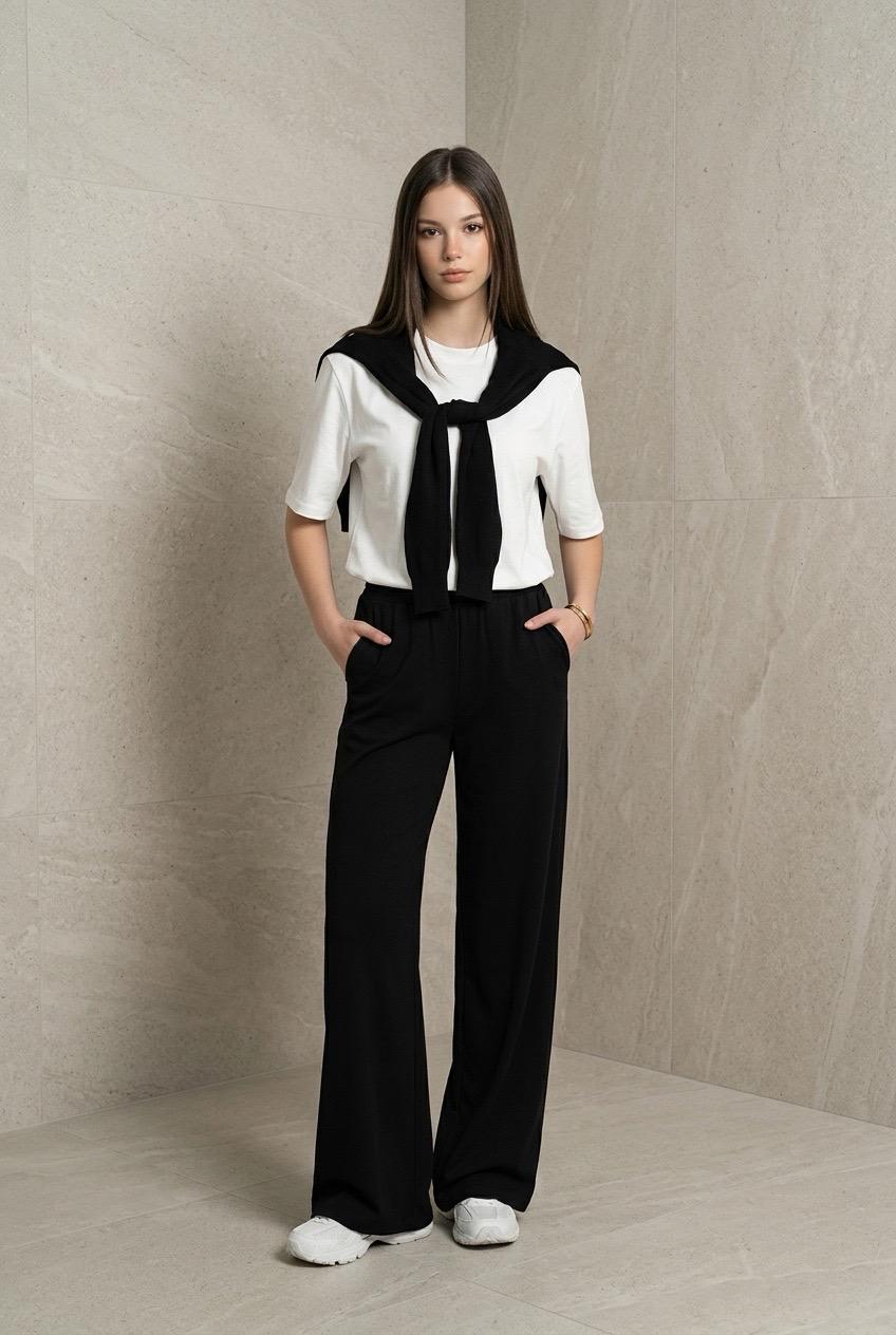 Fular Detaylı Modal T-shirt Eşofman Takım - Siyah