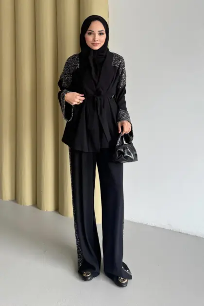 Payetli Kimona Takım - Siyah