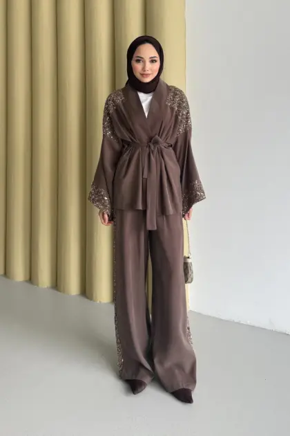 Payetli Kimona Takım - Kahverengi