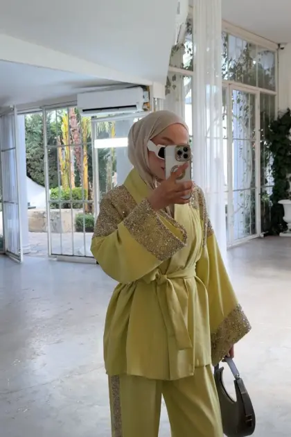 Payetli Kimona Takım – Yağ Yeşili